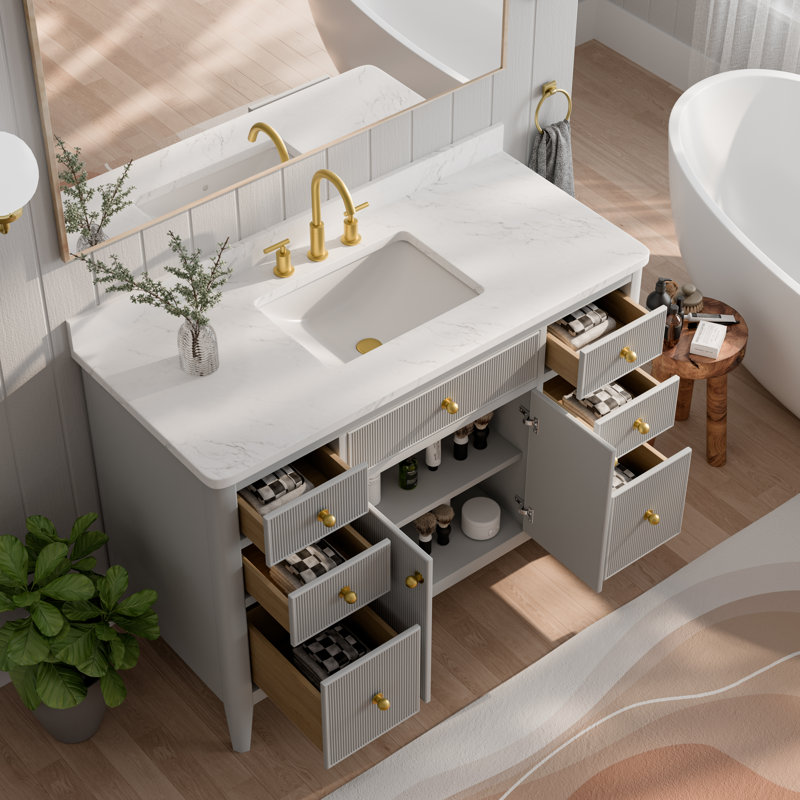 Ensemble de meuble-lavabo autoportant 48 po avec plateau en pierre d'ingénierie Carrara, lavabo sous-comptoir et tiroirs à queue d'aronde à fermeture en douceur, pré-assemblé