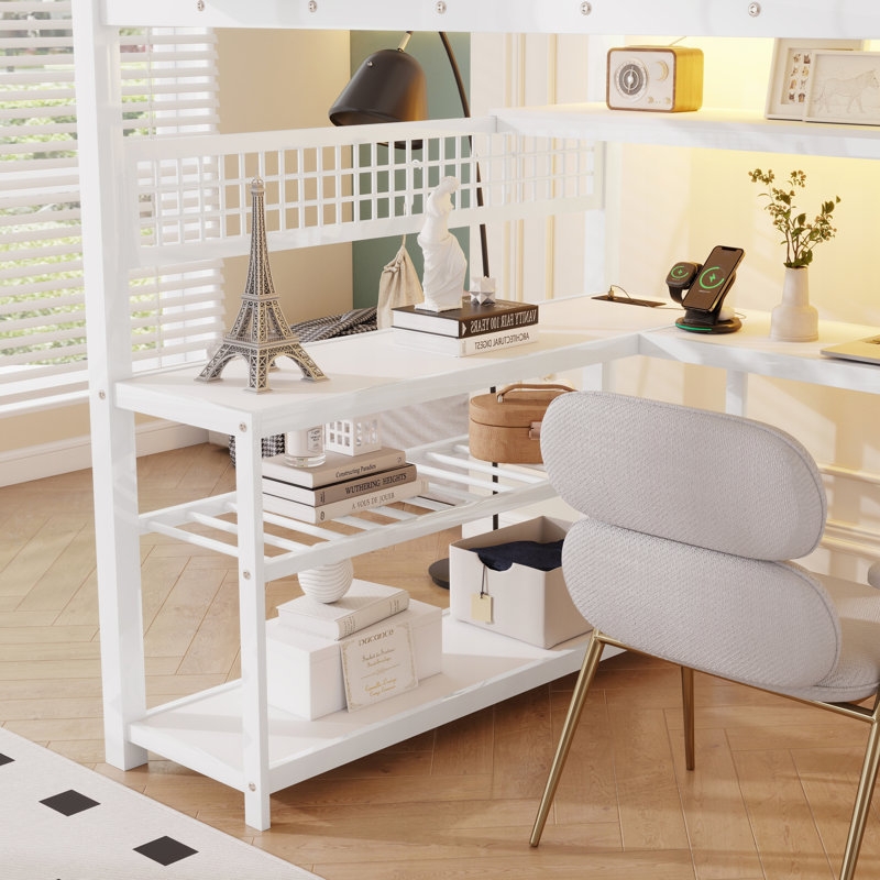 Lit mezzanine en métal avec escalier, garde-robe, bureau en L et lumières DEL, White