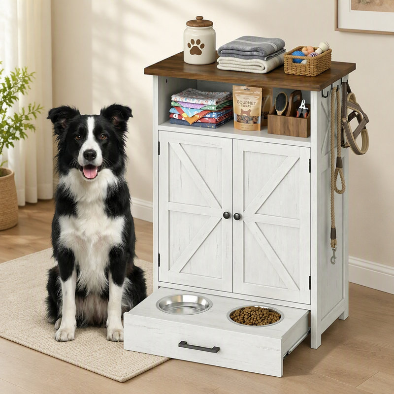 Station d'alimentation pour chiens avec armoire de rangement et 2 bols pour chiens