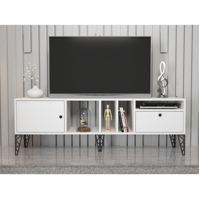 Meuble télé moderne avec pieds en métal, panneau de particules blanc, 63,0 po x 21,7 po x 11,8 po | 100% carton gris durable, épaisseur: 0,7 pouce | Comprend plusieurs tablettes et une installation murale, parfaite pour les salons élégants