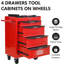 Armoire à outils multifonctionnelle 20 po à 4 tiroirs, avec roulettes, rouge et noir, glissières à roulement pour glissières en métal à ouverture douce, surface de rangement supplémentaire fréquemment utilisée-2011770894