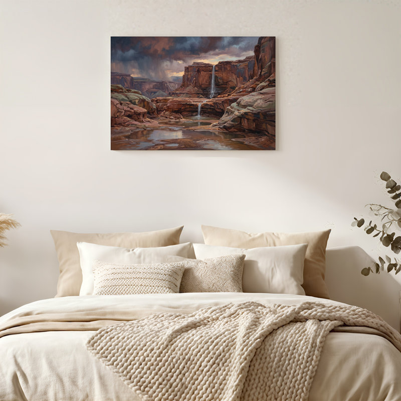 Toile de canyon, cascade avec falaises rocheuses et ciel orageux, H 36 po x l 48 po