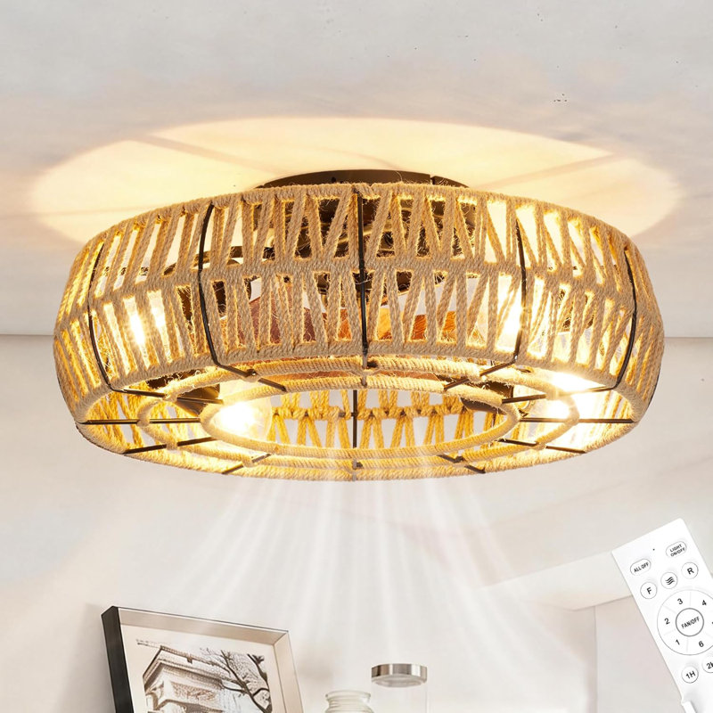 Ventilateur de plafond en cage 20 po avec lumières, plafonnier encastré Boho avec télécommande, corde de chanvre tissée à la main, réversible à 6 vitesses pour îlot de chambre à coucher