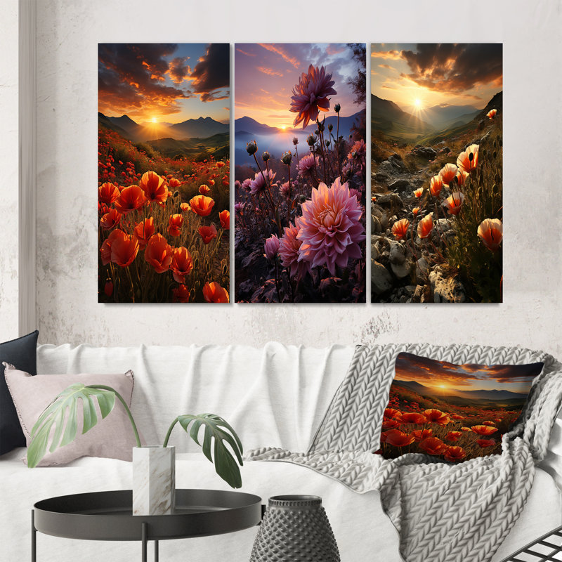 «Coral Wildflowers Fields Of Dreams», 3 pièces sur toile, Cadre blanc, H 40 po x l 60 po