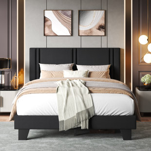 Structure de lit tapissier grand avec tête de lit en tissu de lin, support de lattes en bois robuste, silencieux, aucun sommier tapissier requis, noir