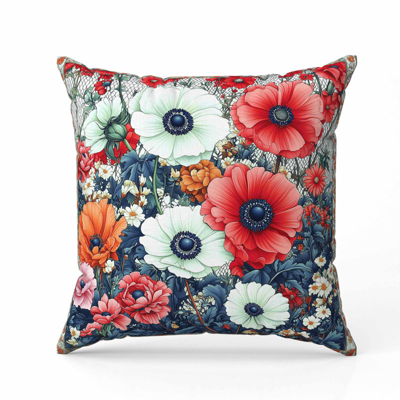 Coussin en simili suède à motif floral, Bleu/rouge/orange, Carré 18 po