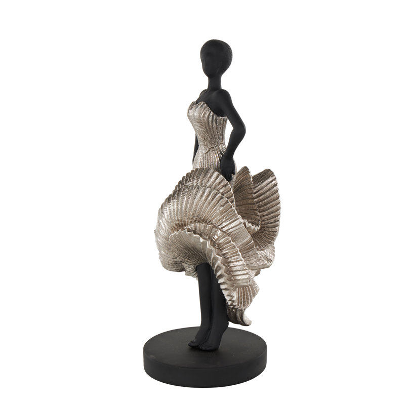 Sculpture Cole et danseuse en résine grise avec robe argentée