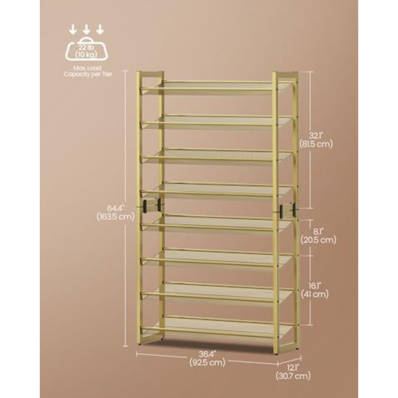 Shoe Rack, 8-Tier Shoe Organizer, Metal Rack For Garage, Set Of 2, 4-Tier Stackable Shelf, With Adjustable Flat Or Angled Shelves, 32-40 Pairs, Pale Gold