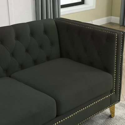 {Contact us for 3D modeling} Velvet Sofa for Living Room,Buttons Tufted Square Arm Couch, Modern Couch Upholstered Button and Metal Legs, Sofa Couch for Bedroom, Black Velvet