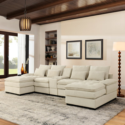 130"  U-Shaped Sofa With Console,Cupholders,6-Seat Upholstered Primary Living Space Furniture,Sleeper Couch Set With Chaise For Living Room,Apartment, (Beige)
