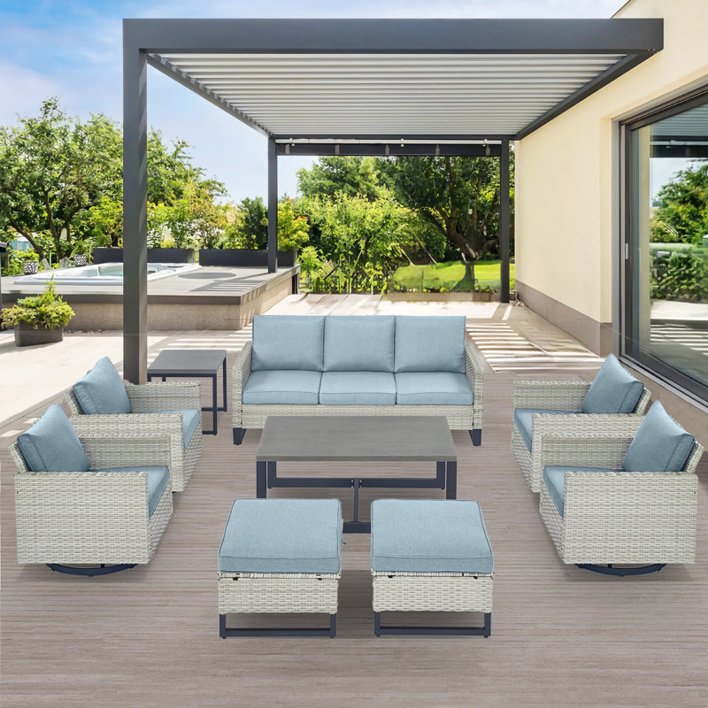Ingvald Wicker 7 - Person Patio Conversation Set with Cushions, Light Blue