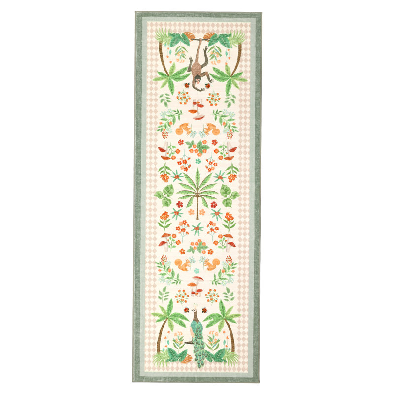 Jungle 2x6 Kitchen Runner Rug, Washable Animal Print Soft Non Slip Hallway Runner Tropical Botanical Thin Peacock Monkey Floor Rugs