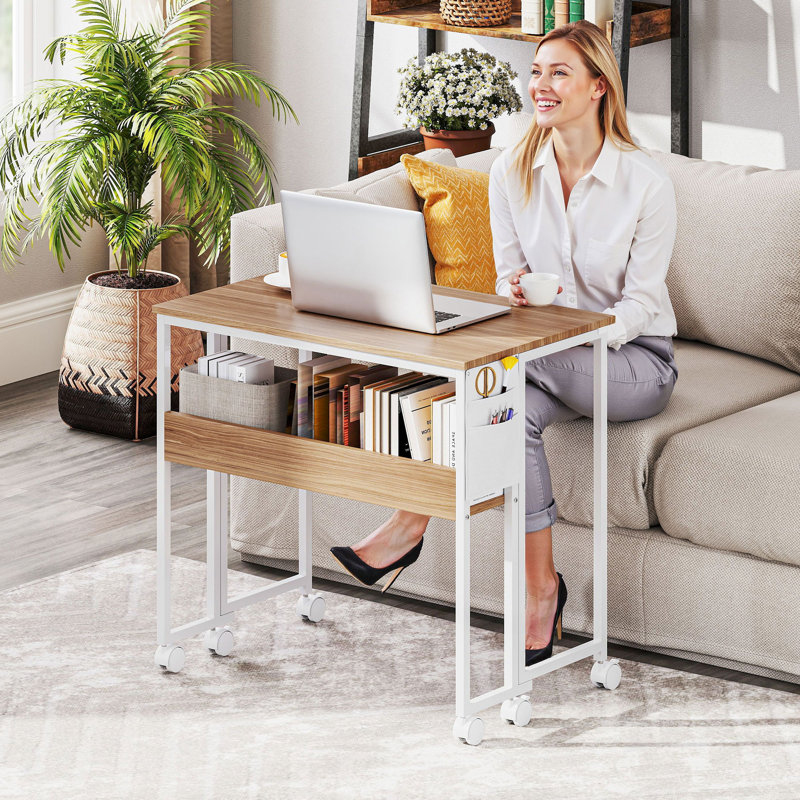 Folding Desk, Portable Computer Desk with Shelf Wheels, Natural Wood, White/Natural Wood