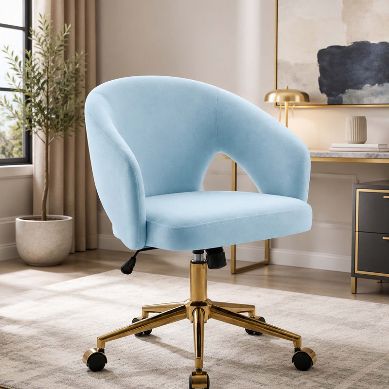 Adjustable Office Chair, Home Bedroom, Ergonomic Swivel Chair, Backrest Seat, Comfortable for Long Sitting, Gold base, blue