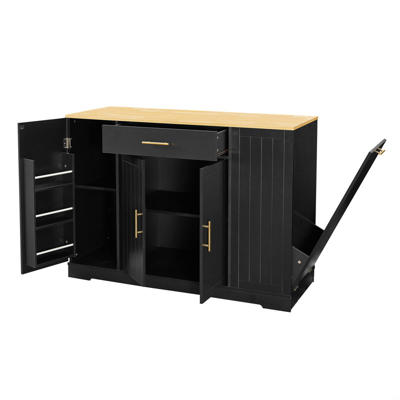 Grand îlot de cuisine avec armoire de rangement pour poubelle, table pour îlot avec tiroir et tablettes réglables, meuble-bar
