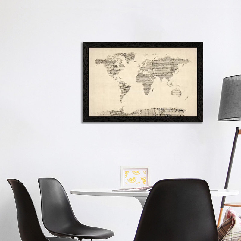 Old Sheet Music World Map by Michael Tompsett - Print on Canvas, Black Framed, 152.5 cm H x 101.5 cm W