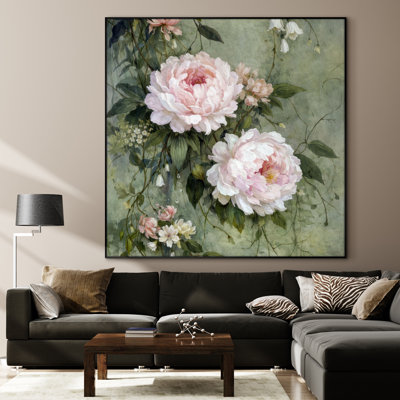 Très grande reproduction d'art sur tissu - Élégant bouquet de pivoines roses sur fond de jardin botanique rétro vert doux pour le salon ou la chambre à coucher - Assemblage requis (cadre non fini)
