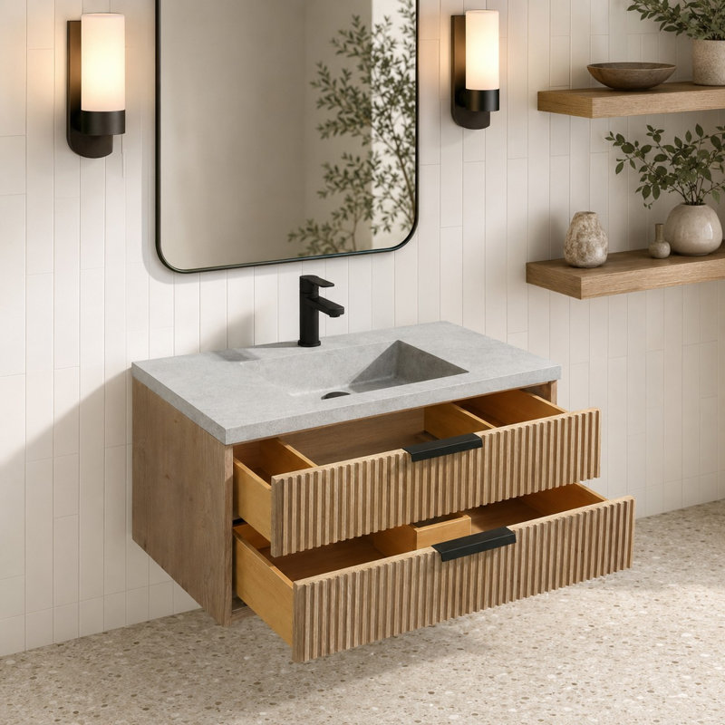 Meuble-lavabo flottant 36 po Anelie, Sapin vieilli, Noir mat