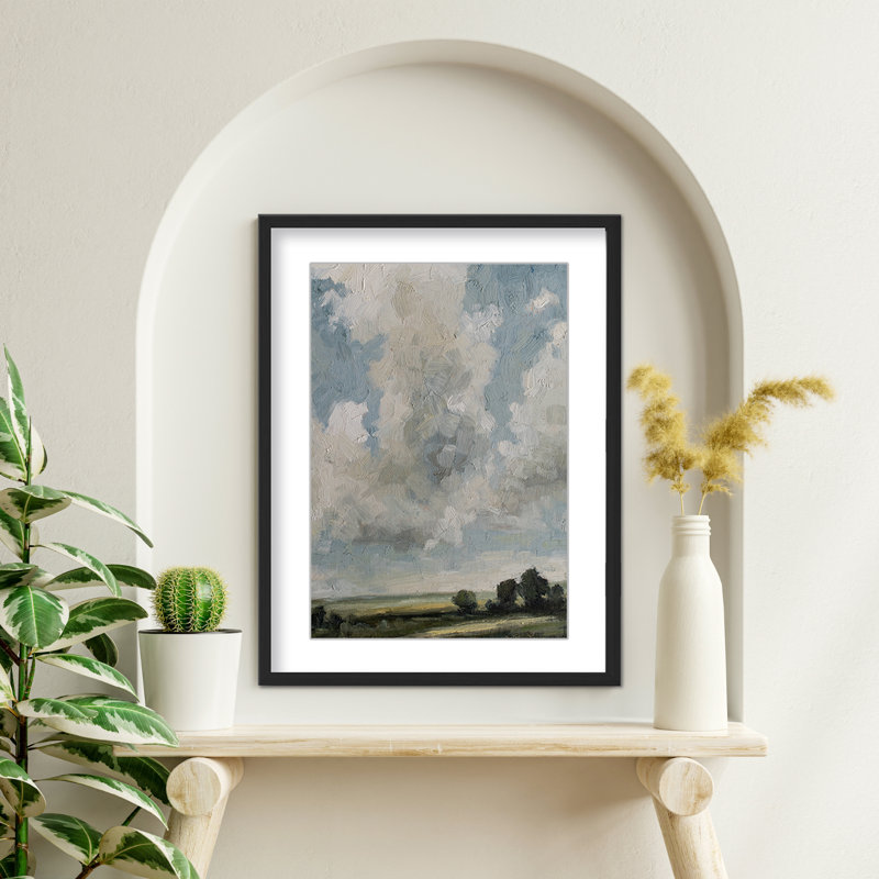 Nature Inspired Surreal Vistas: Abstract Realism Of Hills And Cloudy Skies, Black, Framed Matted Print