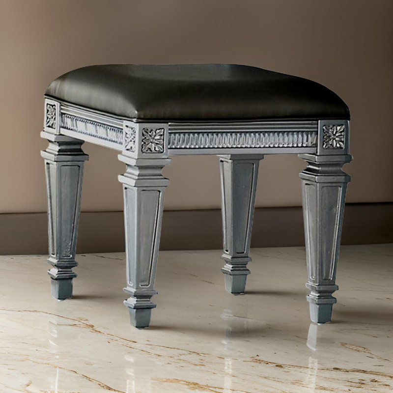 Ghita Gray Solid Wood Vanity Stool with Leatherette Seat