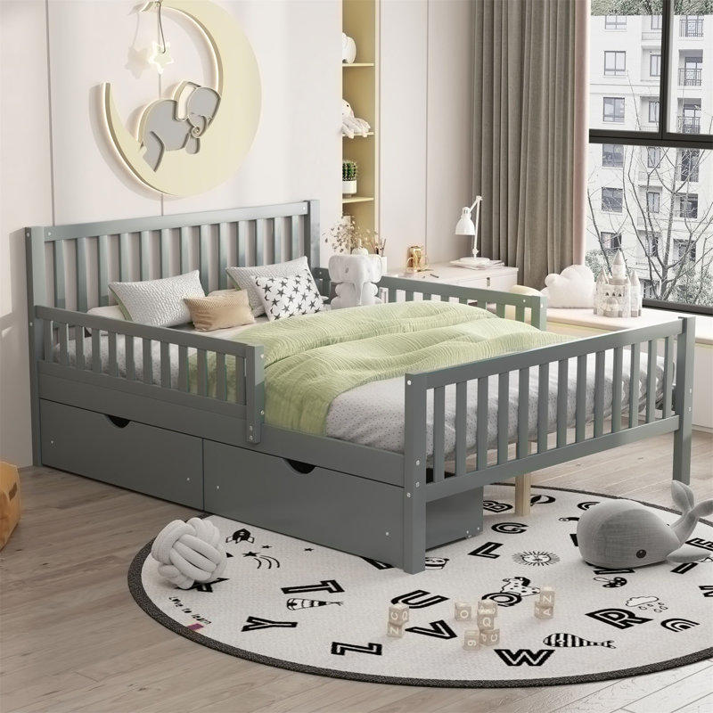 Curits 2 Drawers Platform Bed with Guardrails, Full, Gray