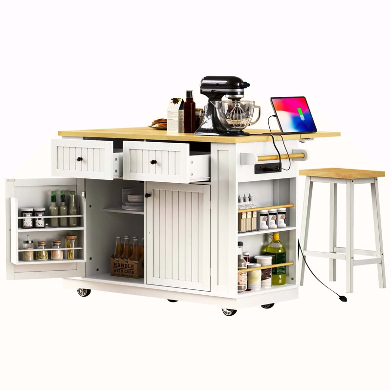 48 Inch Kitchen Island With Drop Leaf,Power Outlet,Internal Storage Rack,Rolling Kitchen Storage Cart On 5 Wheels With 5 Open Side Racks For Kitchen(Not Include Stools)