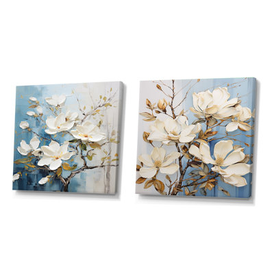 Ensemble de 2 collages carrés blancs et or Magnolia Serenity - Magnolias