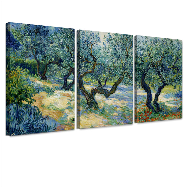 Tableau sur toile tendue représentant une oliveraie, décor paysager de style impressionniste (ensemble de 3)