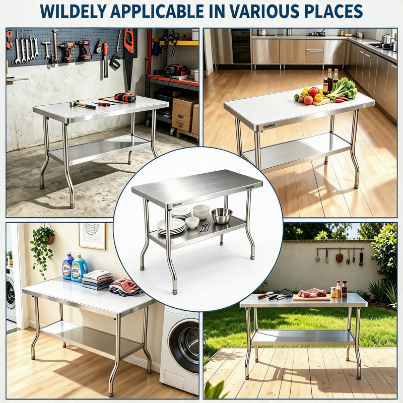 Table de travail pliante 48 po en acier inoxydable, table de préparation commerciale pour cuisine avec pieds réglables