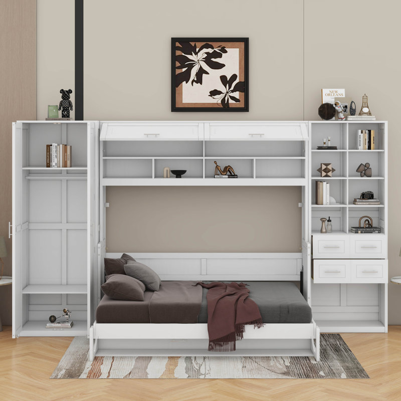 Murphy Bed With Closet, Drawers And Shelves, White, Queen