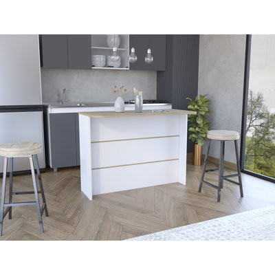 Îlot de cuisine avec tablette de rangement à deux niveaux et grand poste de travail, blanc