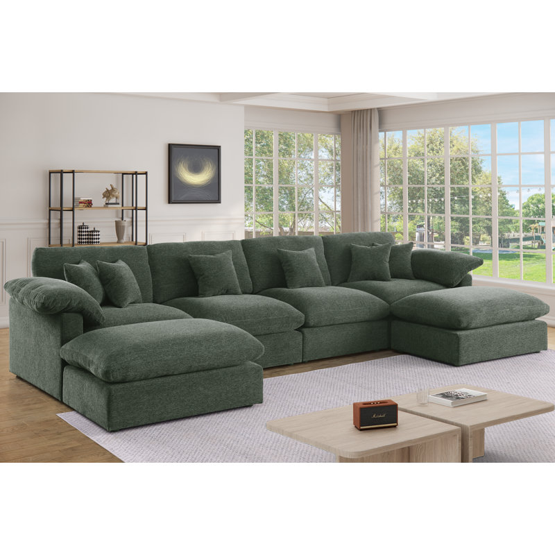 Canapé modulaire surdimensionné moderne en U de 152 po avec repose-pieds modulaire Cloud Comfort, Chenille verte