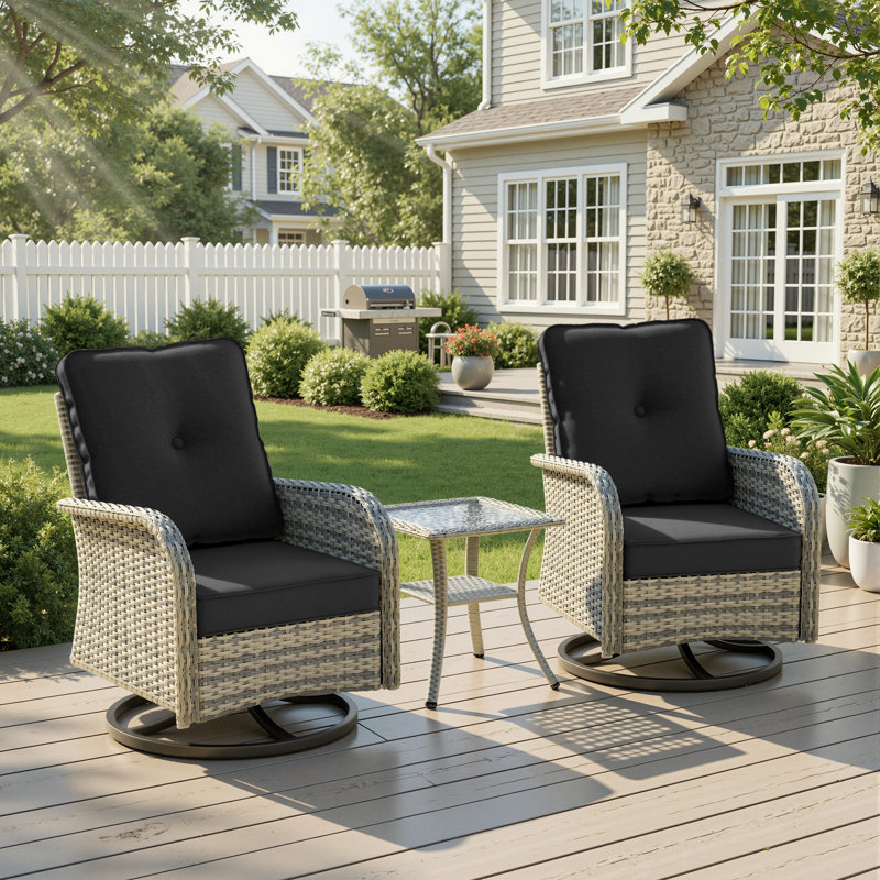 Ensemble de conversation pour patio 2 personnes avec chaises berçantes pivotantes et table en verre trempé, Noir