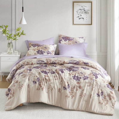 Taupe Floral Bed In A Bag With Comforter And Sheets, 1 Sham, Flat Sheet, Fitted Pillowcase, Microfiber Print Comforter, Watercolor Coordinating Diamond Pattern, Filling, Washable Includes Soft