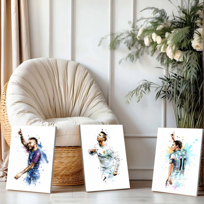 3 pièces d'art mural, affiche encadrée de style étoile de football sur toile, ensemble de 3 affiches, affiche de Messi Ronaldo Neymar pour salon, cadeau de fan de sport, décoration de maison moderne
