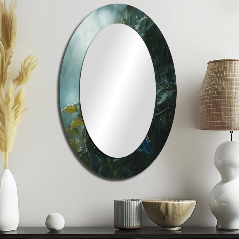 Bluebird In The Forest Rain I - Miroir mural ovale bleu, 36 po x 24 po