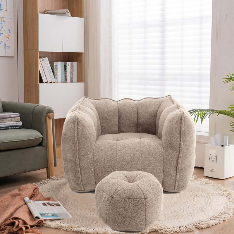 Chenille Soft Bean Bag Chair,Multifunctional Comfortable Square Sofa with Footstool, Coffee Chenille