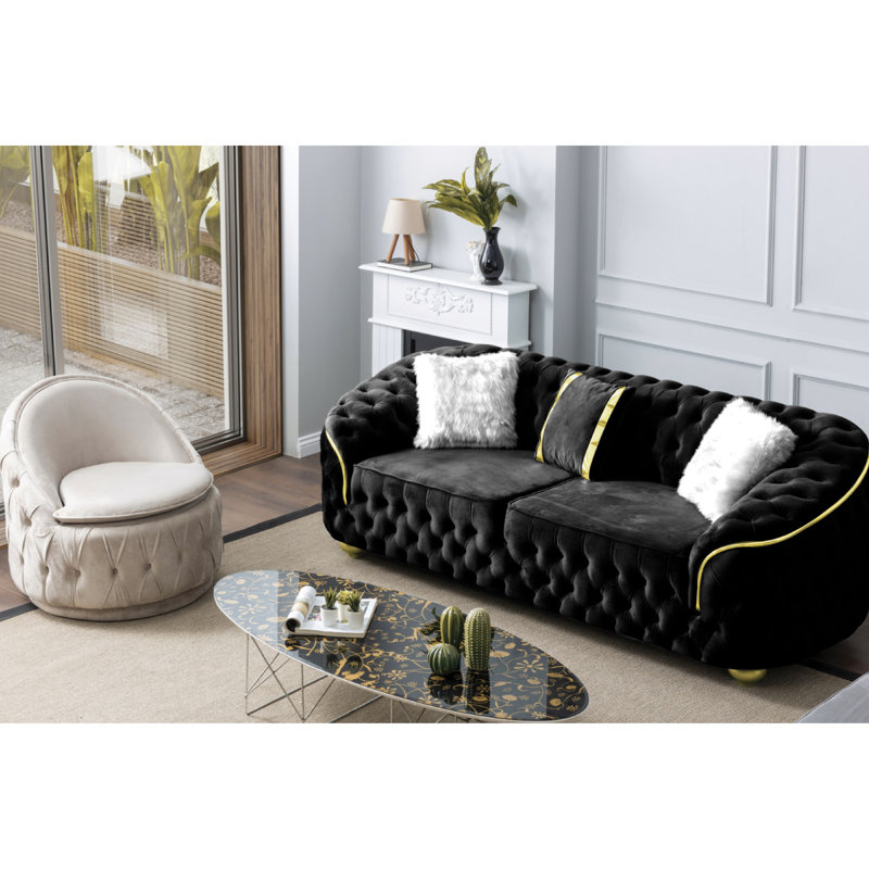 Gonda Velvet Rolled Arm Sofa, Black , 31" H x 84" W x 36" D 