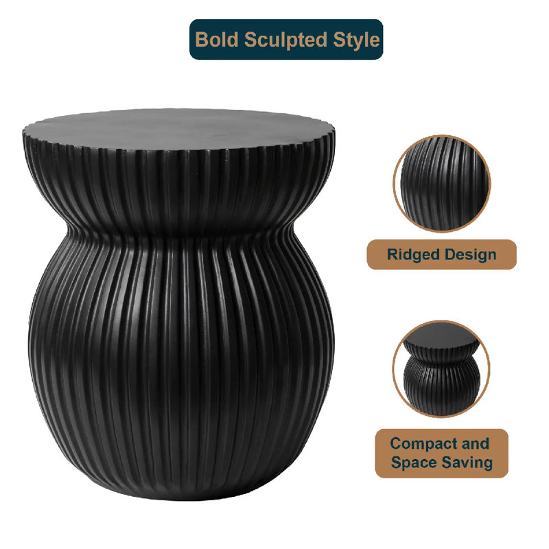 Mander Fiberstone Side Table – Ribbed Hourglass End Accent Table For Indoor Or Outdoor Use, Black