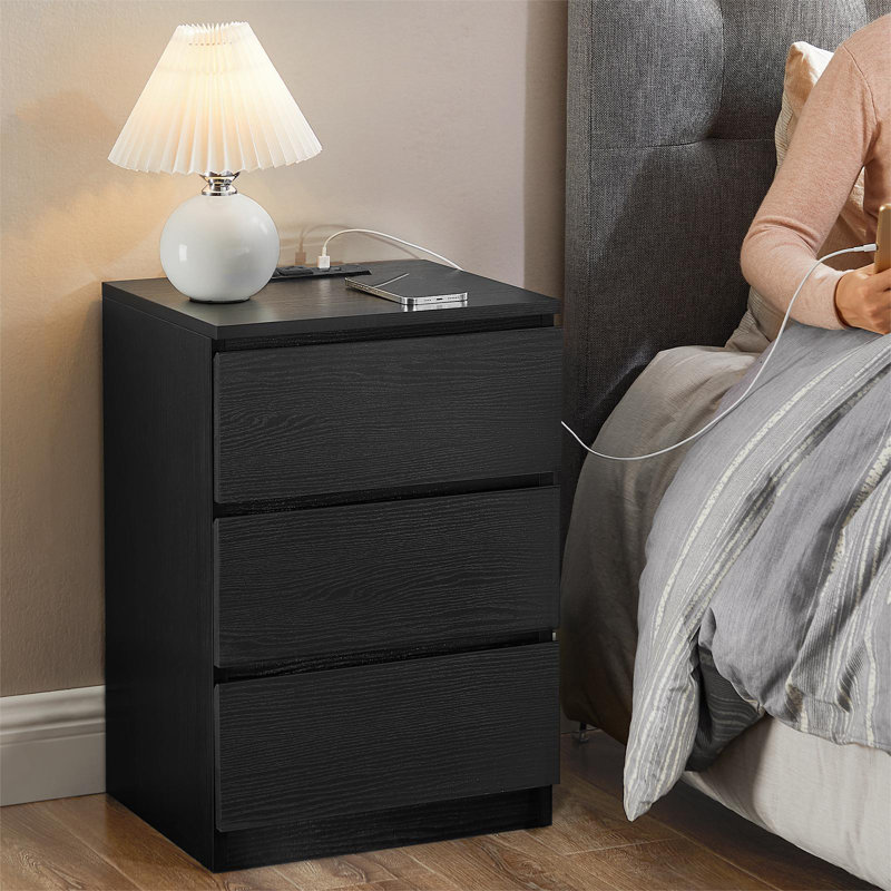 Moneika Nightstand with Charging Station, Side End Table with 3 Drawers, 2 AC Outlets, 2 USB Ports, Black