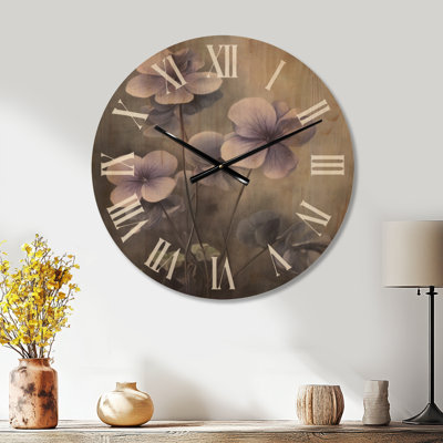 Purple Grey Violets Dream I – Oversized Botanical Boho Round Wood Wall Clock