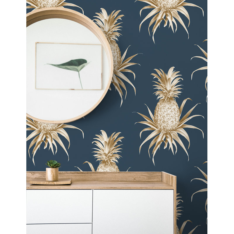 Papier peint floral Ailish, Bleu marine / caramel écossais métallique