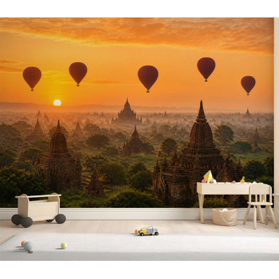 Papier peint adhésif ballon et papier peint uni bagan brumeux matin myistan fantastique papier autocollant amovible pour décoration murale de salon H 100 po x l 144 po