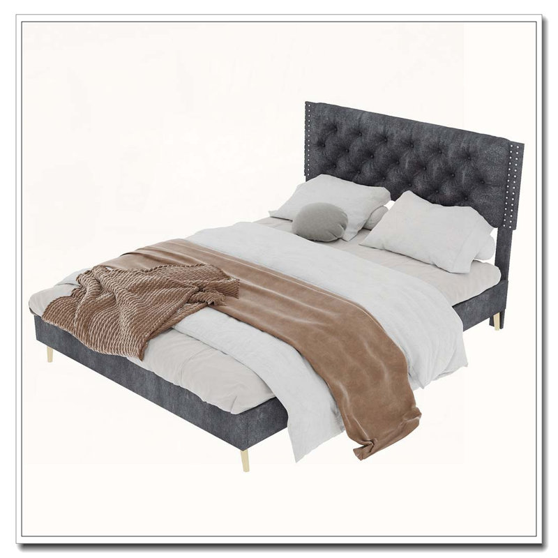 Structure de lit en velours, Gris, Grand lit