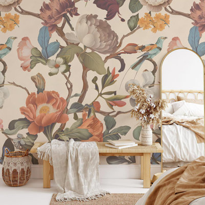 Papier peint floral à motif floral pelez et collez beige pour chambre à coucher, papier peint rétro, grandes murales florales Art déco l 148 po x H 98 po