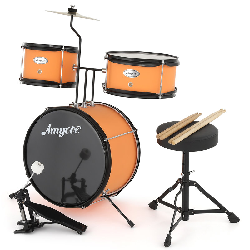 3-Piece Junior Drum Set for Beginners – Complete Kit with Cymbals, Throne Stool & Pedal, Wood & Metal Construction – Yellow for Home Practice, Learning & Gifts