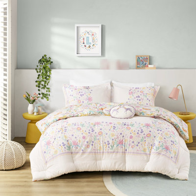 Édredon réversible en coton mauve avec 4 pièces et coussin décoratif réversible mauve à motif floral - bordure colorée, motif lavable à la machine