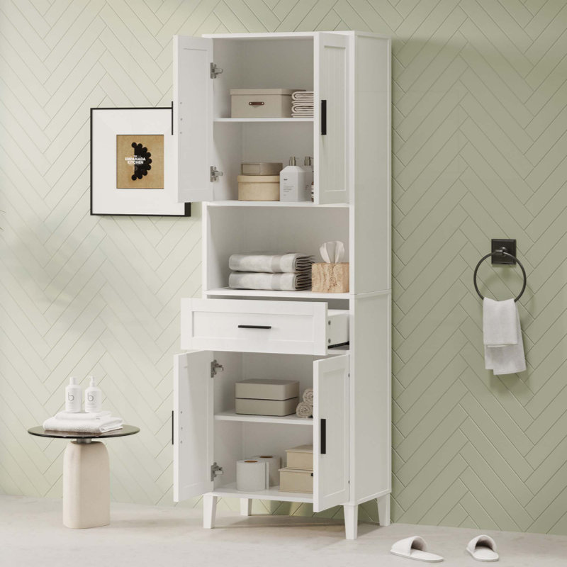 Freestanding Tall Bathroom Cabinet With A Drawer, 2 Cabinets, 4 Soft-Close Doors, 2 Adjustable Shelves, Open Storage, For Bathroom, Living Room, Laundry Room