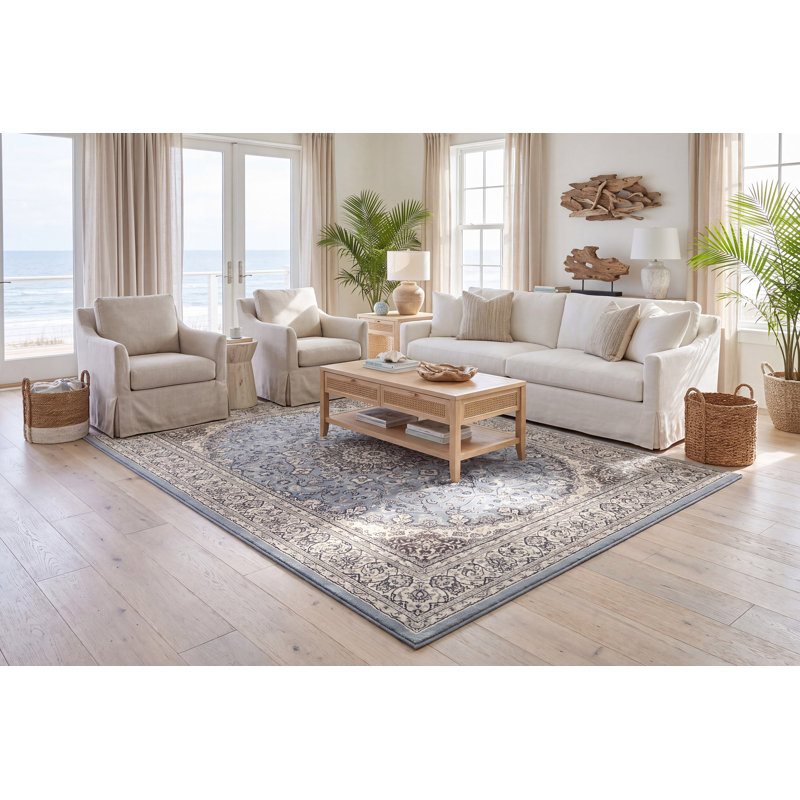 Tapis bleu acier / crème Attell, Rectangle 6 pi 7 po x 9 pi 6 po