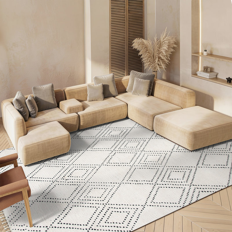 Tapis géométrique en laine / coton tissé à la main Mehaffey en ivoire / noir, Rectangle 8 pi x 10 pi